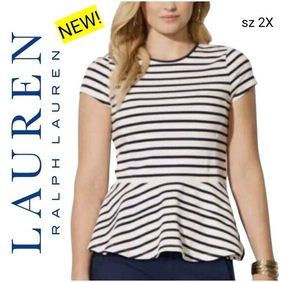 Ralph Lauren NEW! White Navy Short Sleeve Striped Ruffle Peplum Top Blouse - Picture 1 of 9